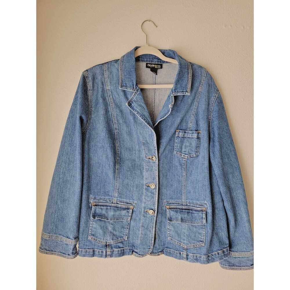 Style & Co Womens 18W Denim Blazer Jacket Stretch Blue Jean 3 Button Plus Size